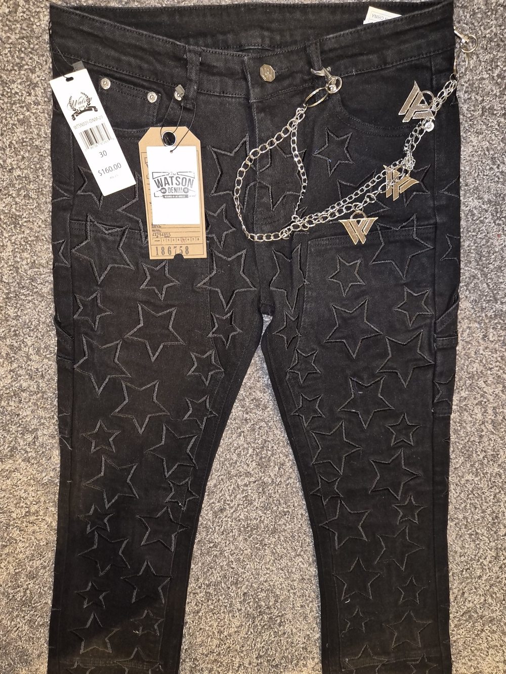 Watson Denim Men’s Black Star-Embroidered Straight Jeans